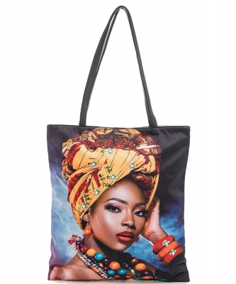 Ankara Turban Girl Embellished Large Tote Bag 136-LF116 BLACK